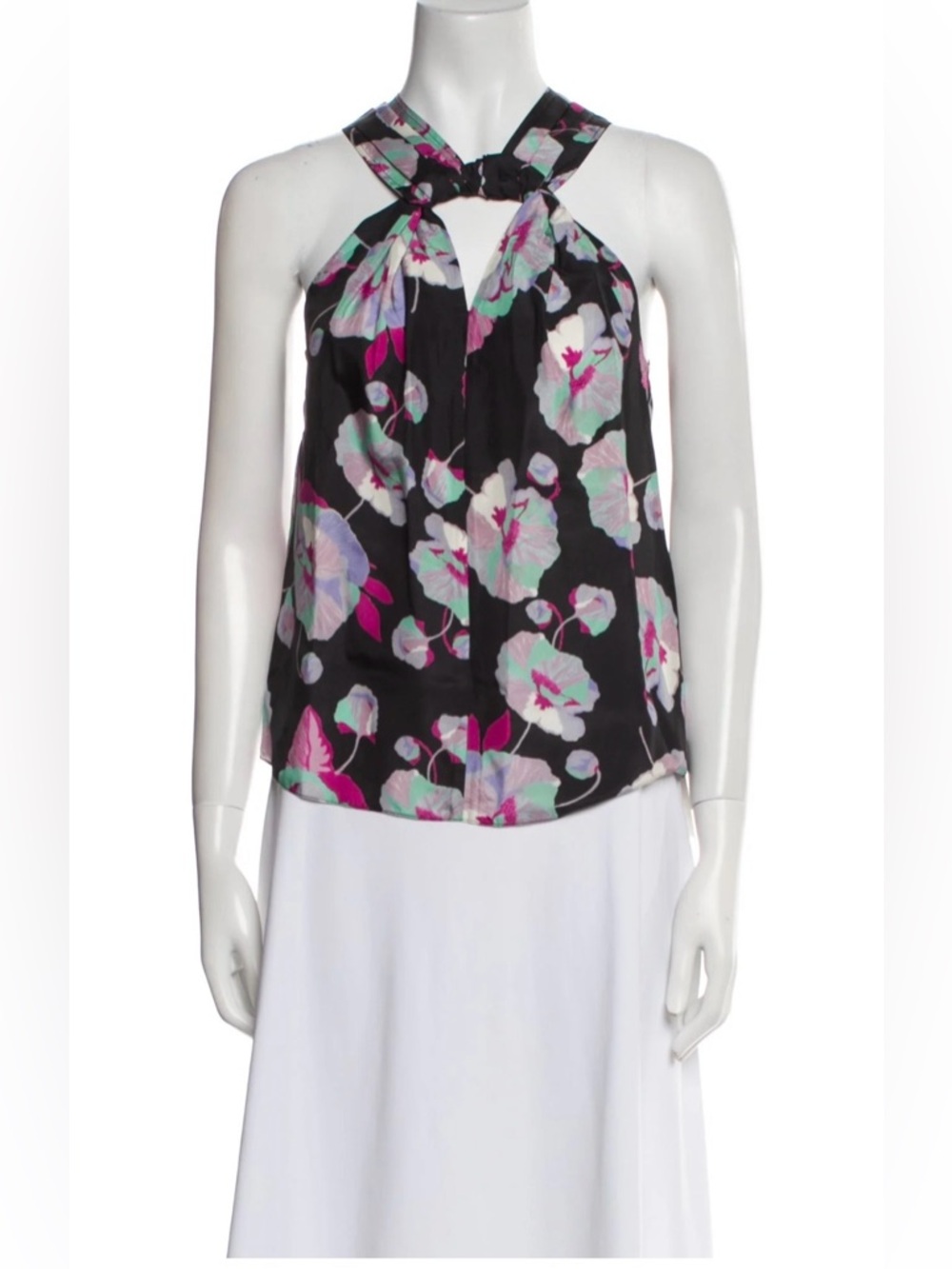 Isabel Marant Black Floral Silk Halter Camisole with Pink, Mint Accents, size 40
